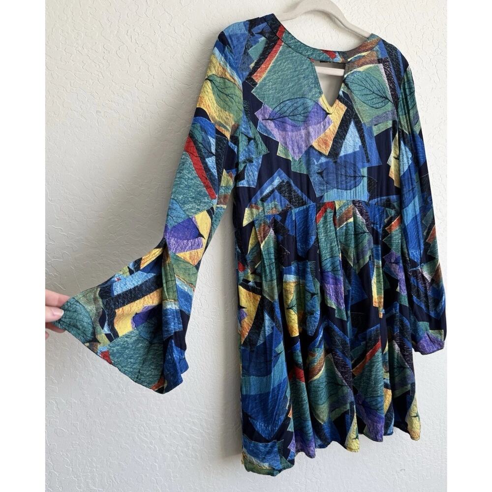 Jodifl Boho Bell Sleeve Dress Abstract Leaf Print Size S Festival Art to Wear
